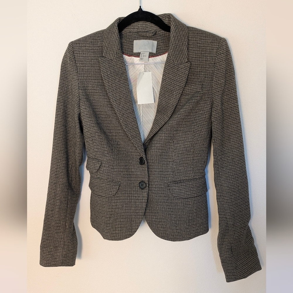 H&M Women's Houmdstood Checked Blazer  Suit Jacket Fitted Lined Brown Size 2 New